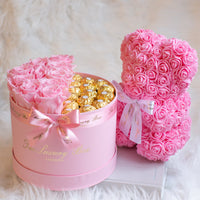 Valentine's Day Gift Set Infinity Roses and Rose bear and chocolate delivered in Uk