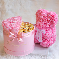 Valentine's Day Gift Set Infinity Roses and Rose bear and chocolate delivered in Uk