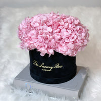 Pink hydrangea box bouquet preserved flowers delivery