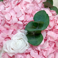Preserved hydrangea and infinity roses bouquet. floral arrangement flower box for flower delivery