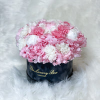 Pink and white preserved floral arrangement bouquet flower box for flower delivery in UK