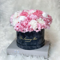 Pink and white preserved floral arrangement bouquet flower box for flower delivery in UK