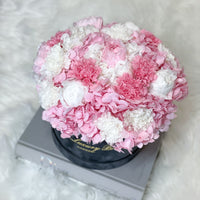 Pink and white preserved floral arrangement bouquet flower box for flower delivery in UK