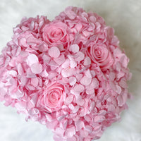 Pink preserved hydrangea and pink infinity roses flower box for flower delivery in UK