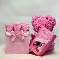 Pink gift hamper set infinity roses, chocolate and rose bear for valentine's day