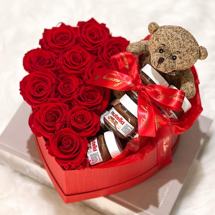 Preserved eternity roses and nutella gift set in heart shaped box