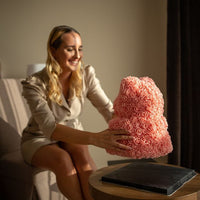 woman with gift for her pink rose teddy bear