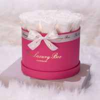 white infinity roses in hot pink rose box for valentine's day gift