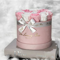 pink and white eternity roses in velvet pink box gift for girls
