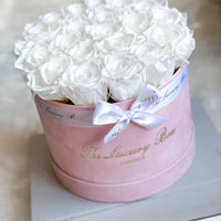 white eternity roses in pink velvet box gift for women