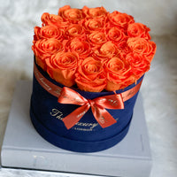 orange preserved eternity roses in velvet navy blue box