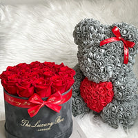 Grey and red Rose bear and Eternity roses in a box set luxury gift for birthdays, wedding anniversary, new baby gift and special occasions