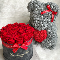 Grey and red Rose bear and Eternity roses in a box set luxury gift for birthdays, wedding anniversary, new baby gift and special occasions