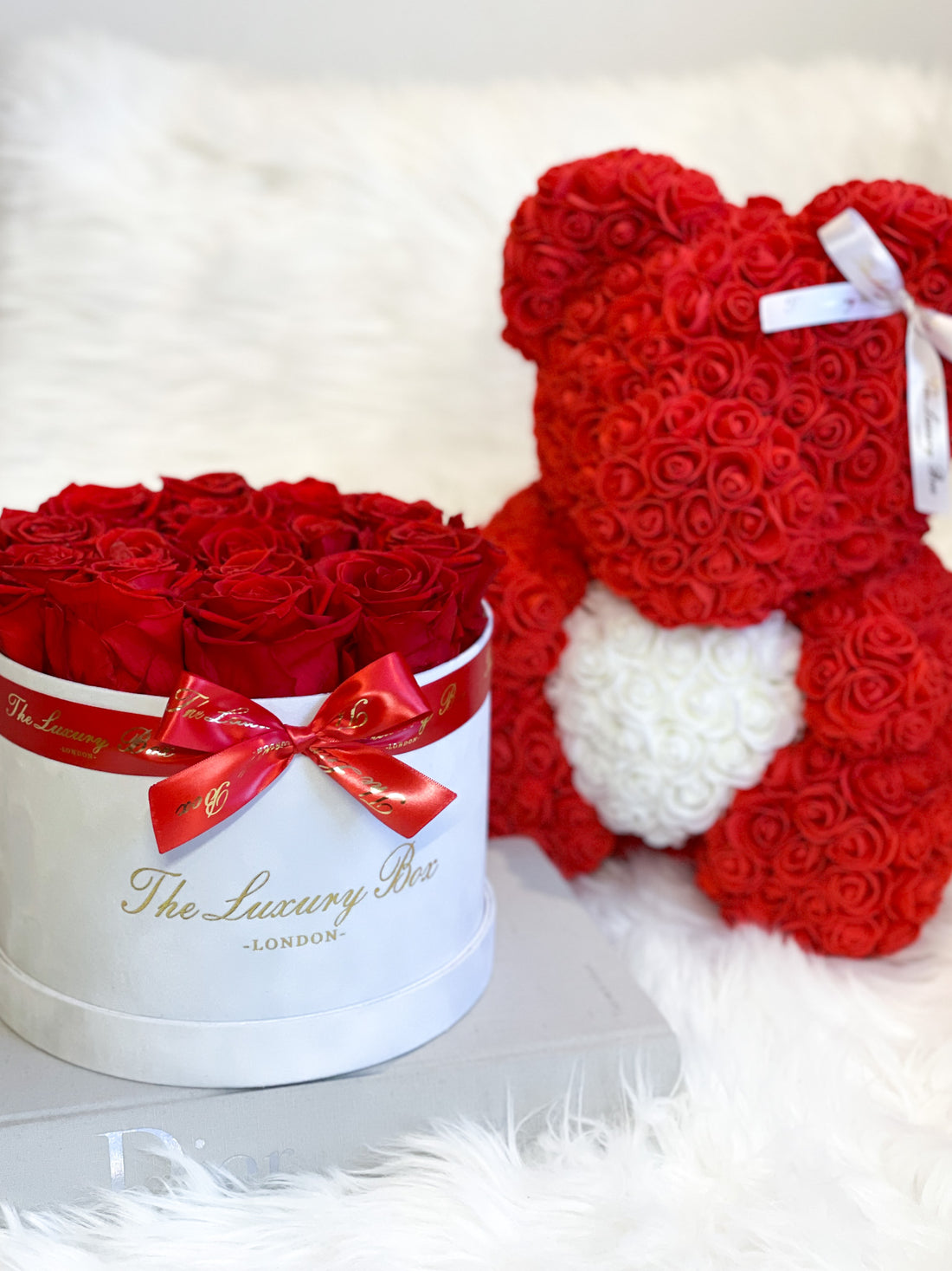 Red & White Rose Bear & Eternity Rose Box Set | Luxury Birthday or Anniversary Gift Set