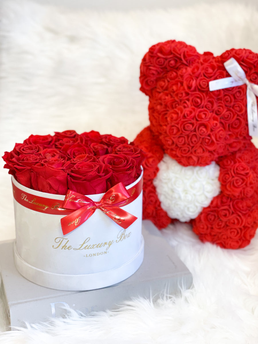 Red & White Rose Bear & Eternity Rose Box Set | Luxury Birthday or Anniversary Gift Set