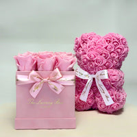 Pink gift set infinity roses and rose bear for valentines day