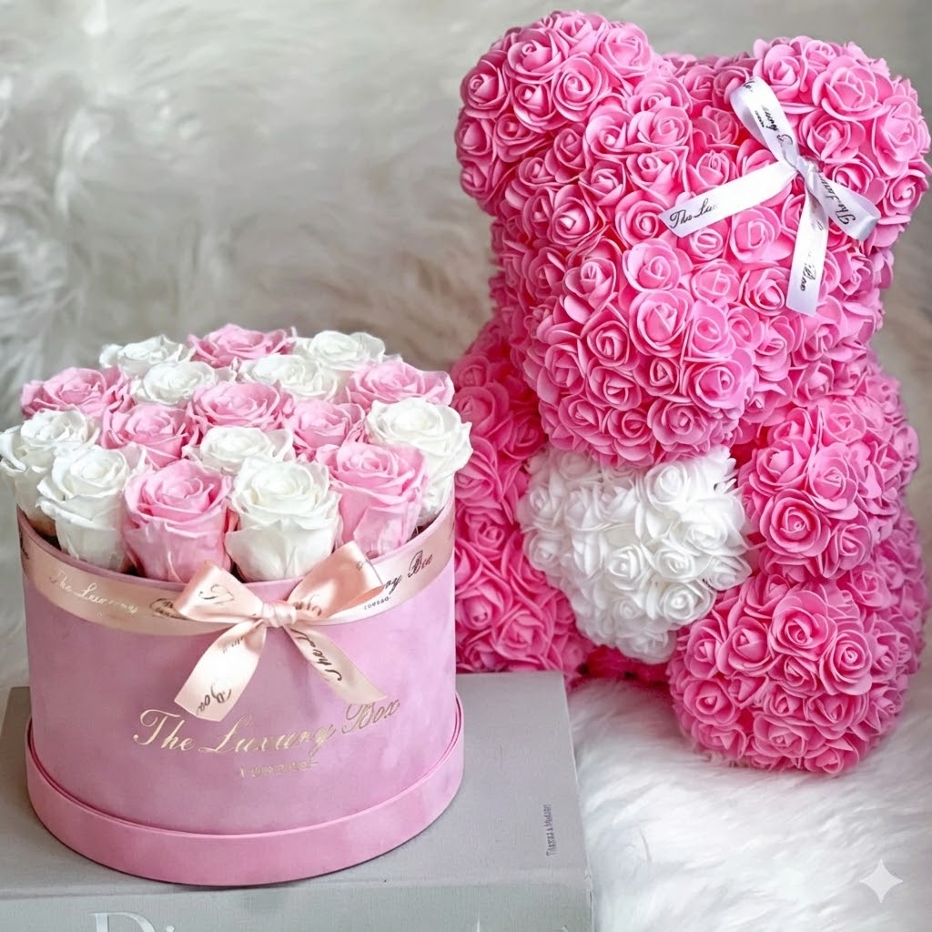 pink and white eternity roses and rose bear set 