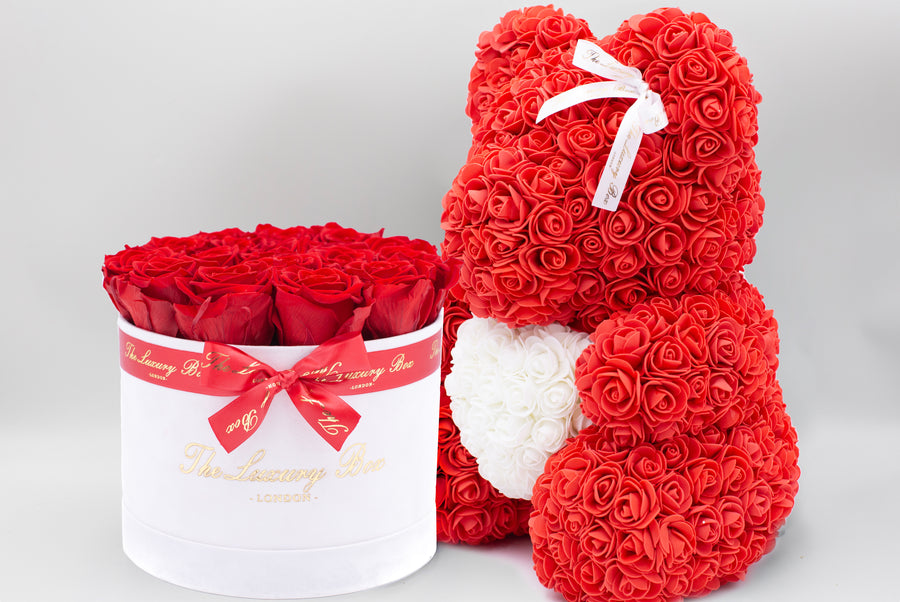 Red Rose bear and Eternity roses box set luxury gift for birthdays, wedding anniversary, new baby gift and special occasions