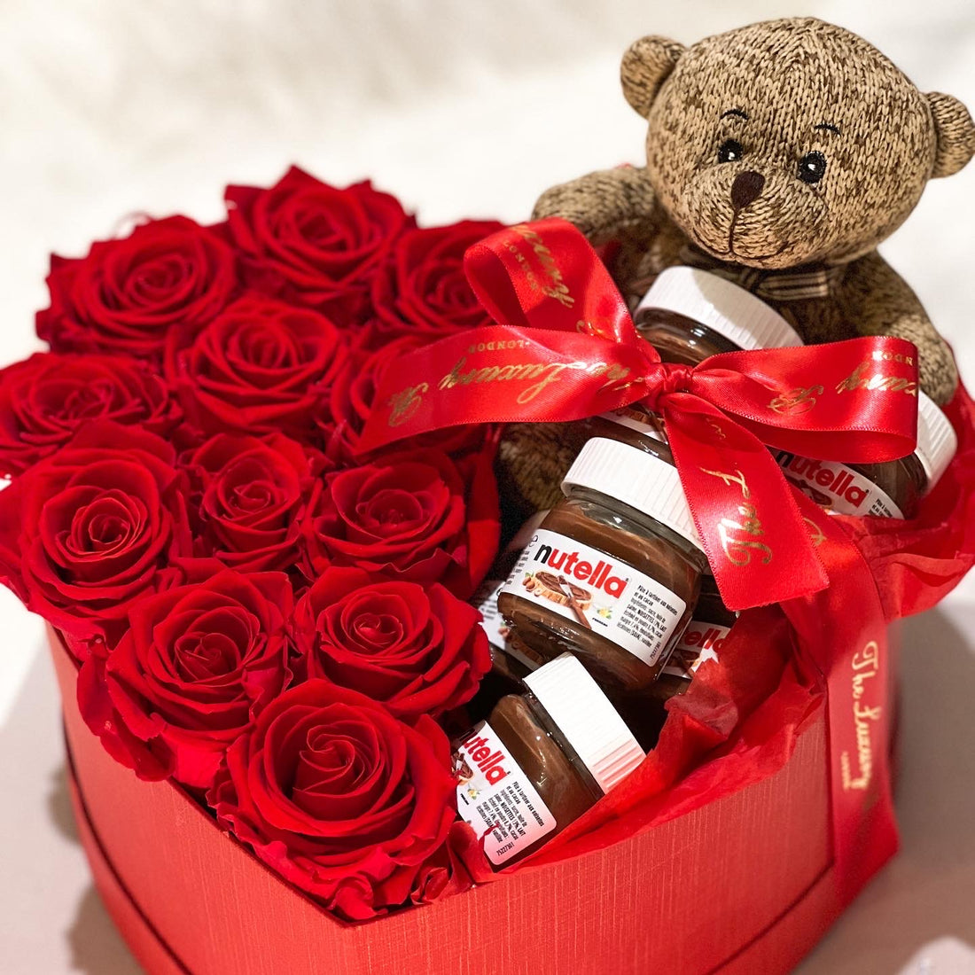 Preserved eternity roses and nutella gift set in heart shaped box with teddy bear
