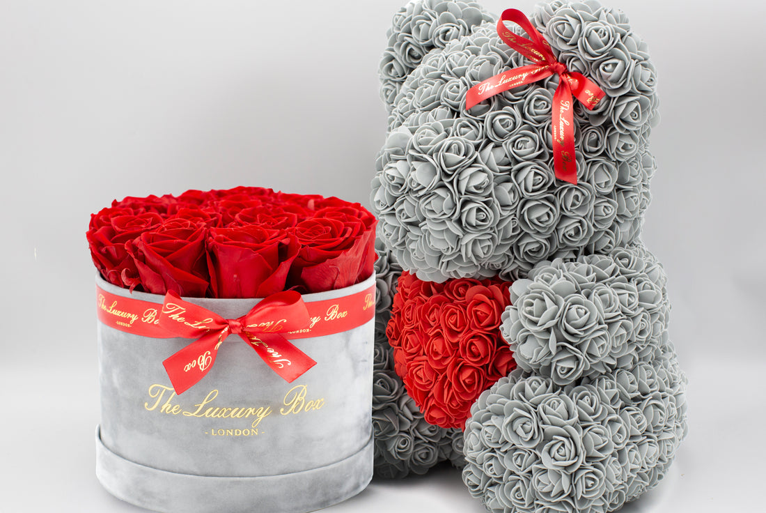 Grey and red Rose bear and Eternity roses in a box set luxury gift for birthdays, wedding anniversary, new baby gift and special occasions