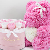 Pink Rose bear and infinity roses box set luxury gift for birthdays, wedding anniversary, new baby gift and special occasions