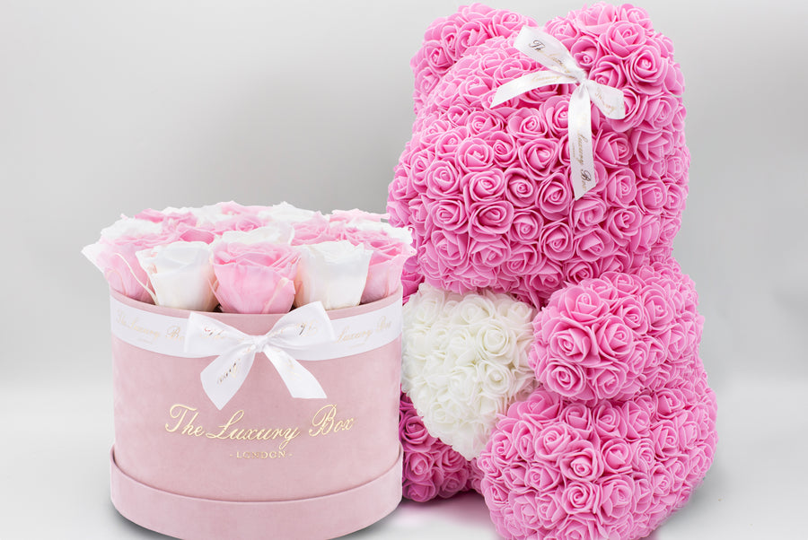 Pink Rose bear and infinity roses box set luxury gift for birthdays, wedding anniversary, new baby gift and special occasions