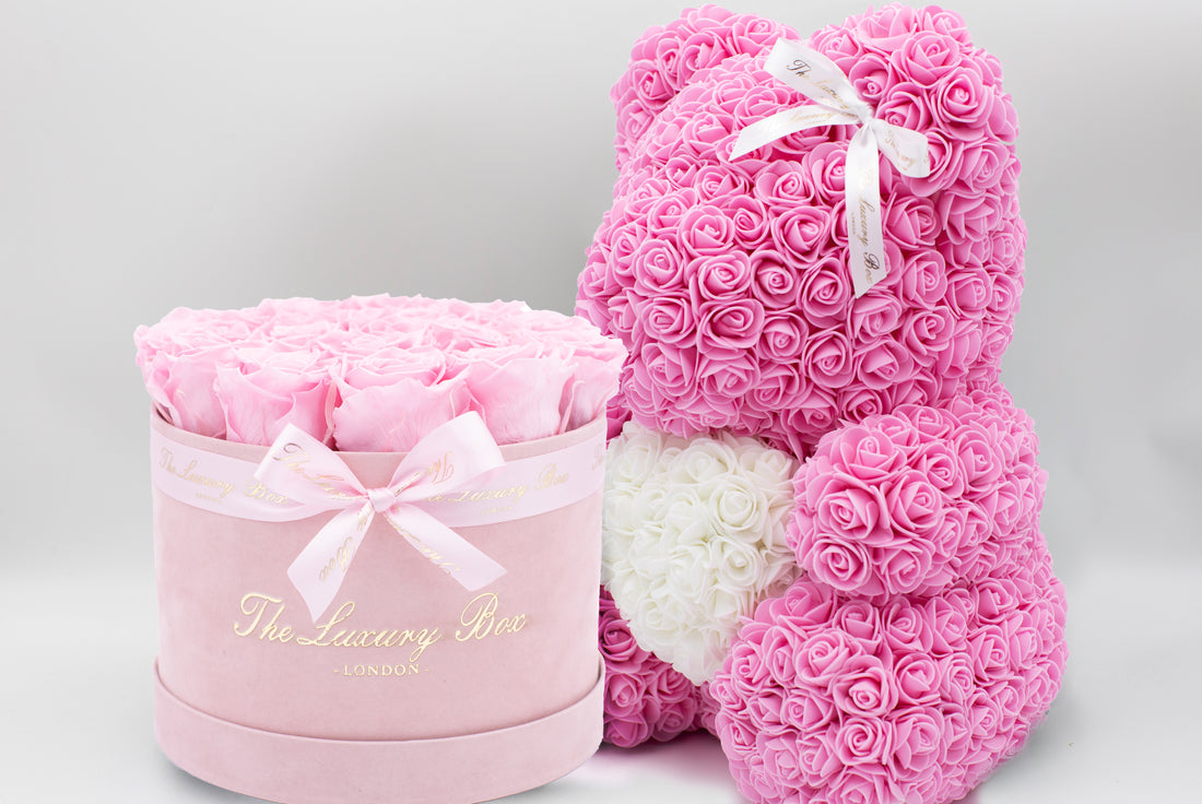 Pink Rose bear and Eternity roses box set luxury gift for birthdays, wedding anniversary, new baby gift and special occasions