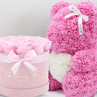 Pink Rose bear and Eternity roses box set luxury gift for birthdays, wedding anniversary, new baby gift and special occasions