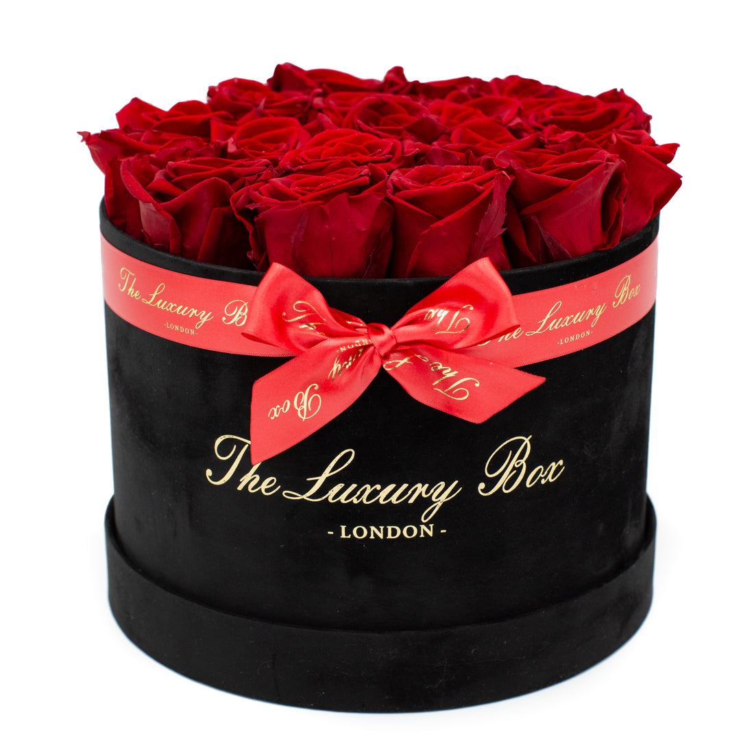 red infity roses in black velvet box