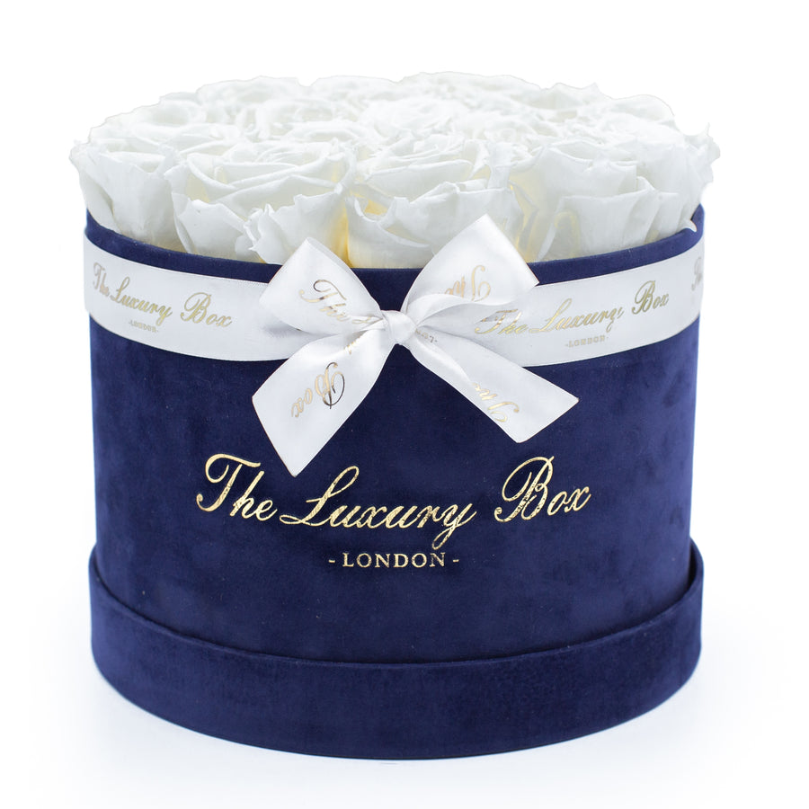 white eternity roses in velvet navy blue box 
