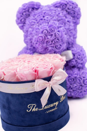 pink eternity roses in navy blue velvet box with rose bear