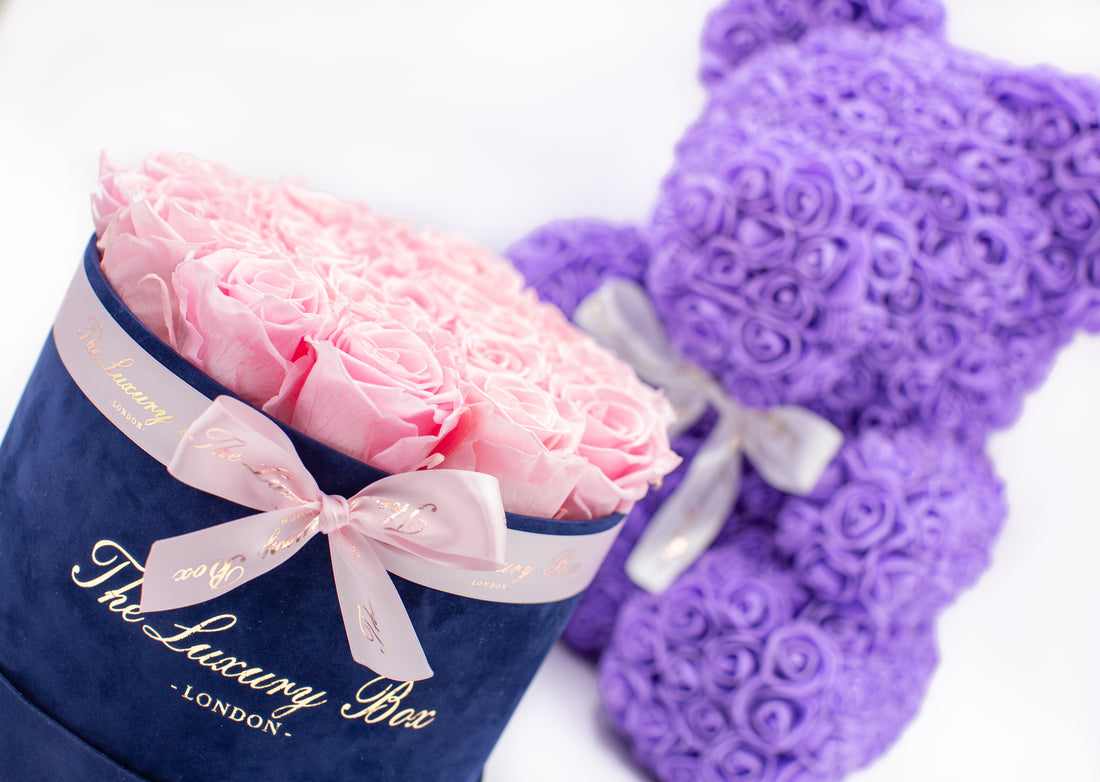 pink eternity roses navy blue velvet box and purple rose bear