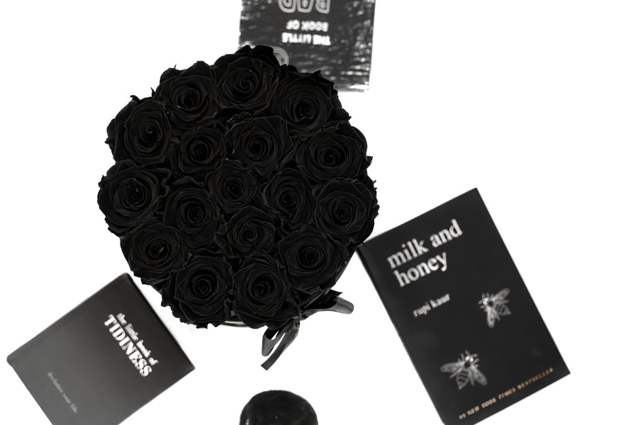black eternity roses in black box gift