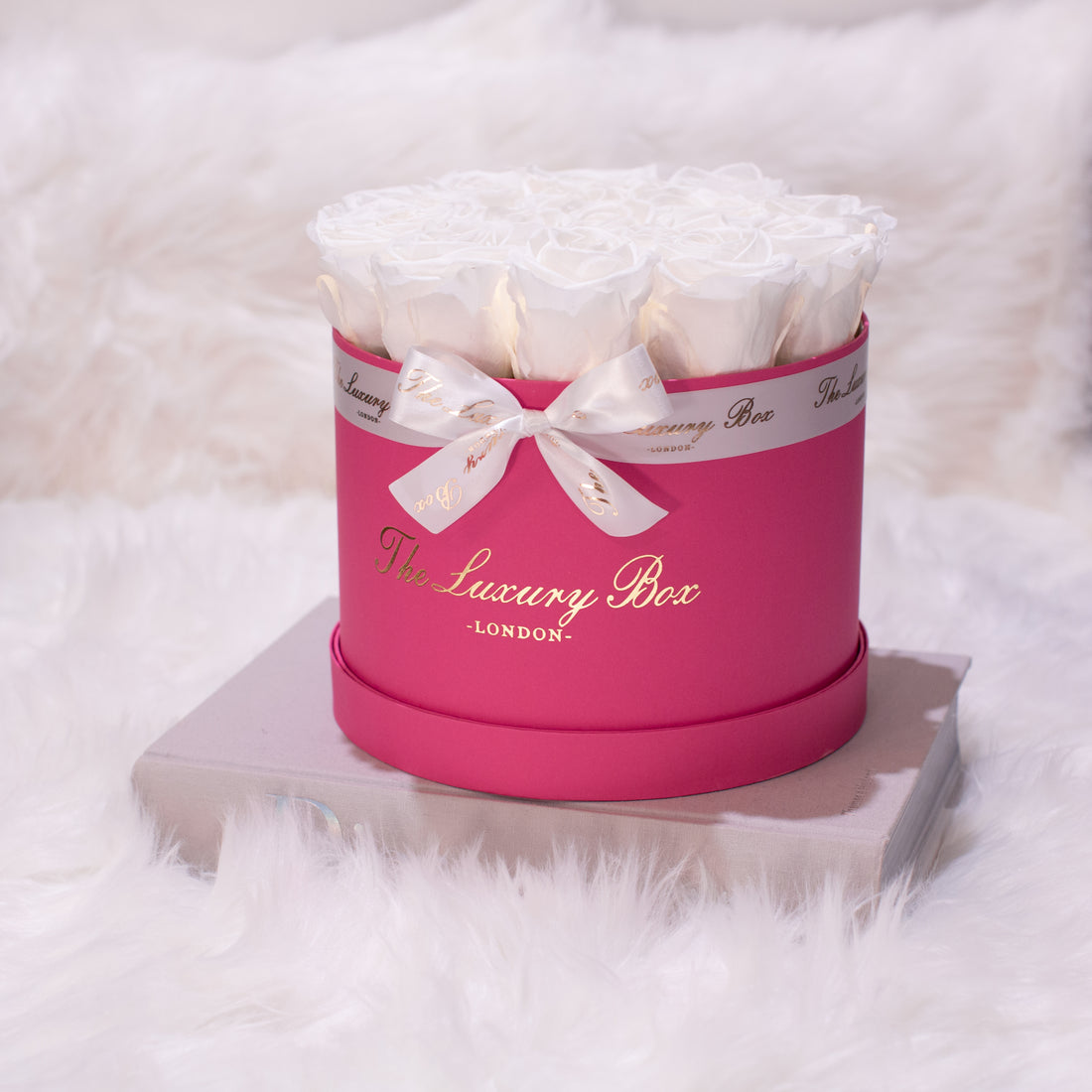 white infinity roses in hot pink rose box for valentine's day gift