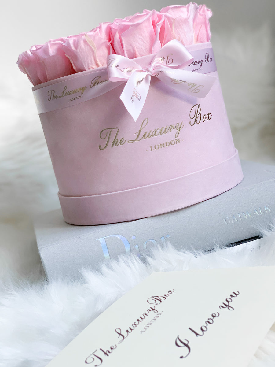 pink and white eternity roses in velvet pink box gift for women