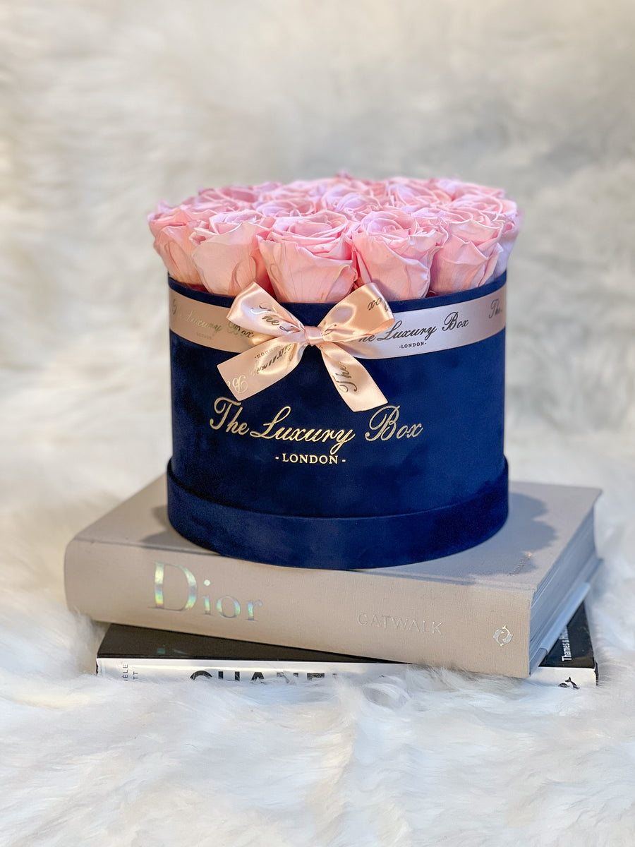 pink eternity roses in navy blue velvet box gift for girl