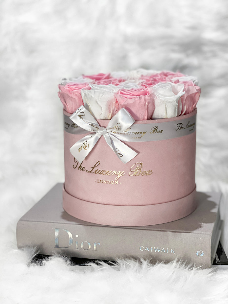 pink and white eternity roses in velvet pink box gift for girls