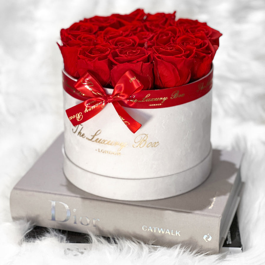 red preserved eternity roses in white velvet box gift for wife