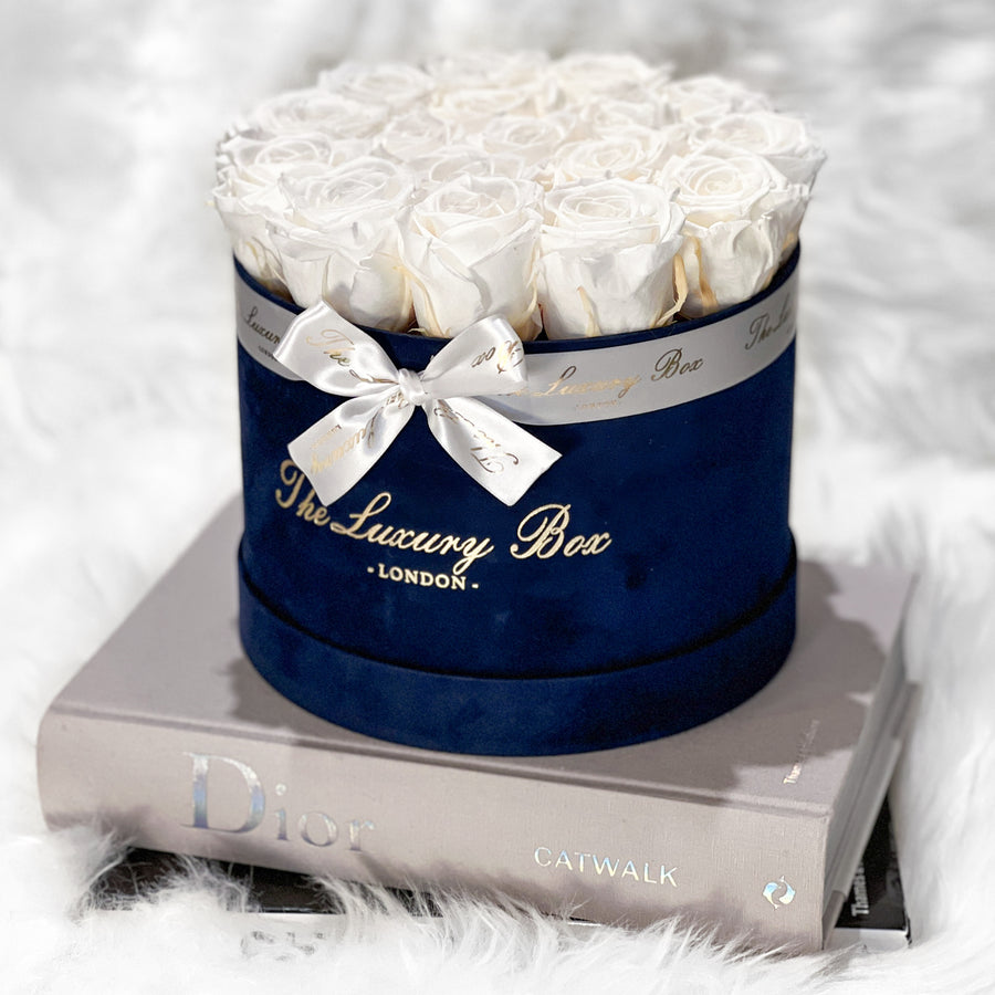 white eternity roses in navy blue box gift for her