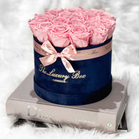 pink eternity roses in navy blue velvet box gift for her