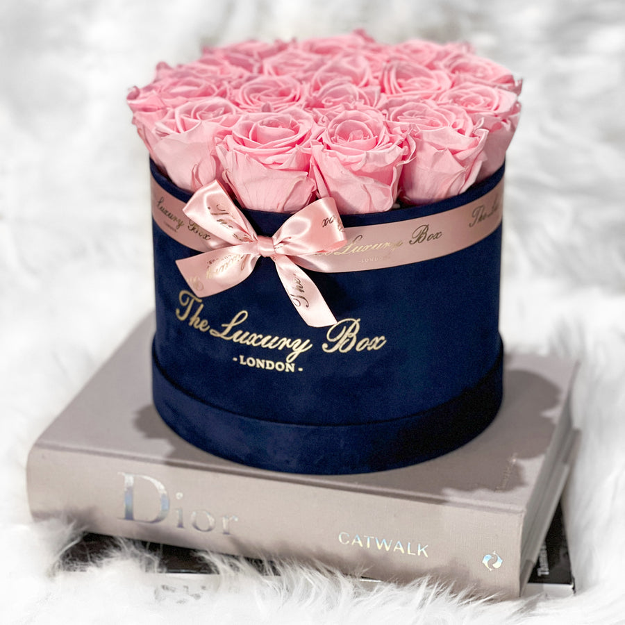 pink preserved eternity roses in navy blue velvet box gift for girls