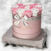 white and pink eternity preserved roses in velvet box