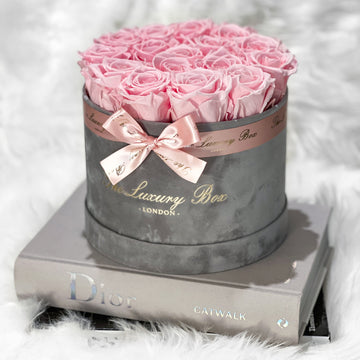 pink eternity roses in grey velvet box gift for her