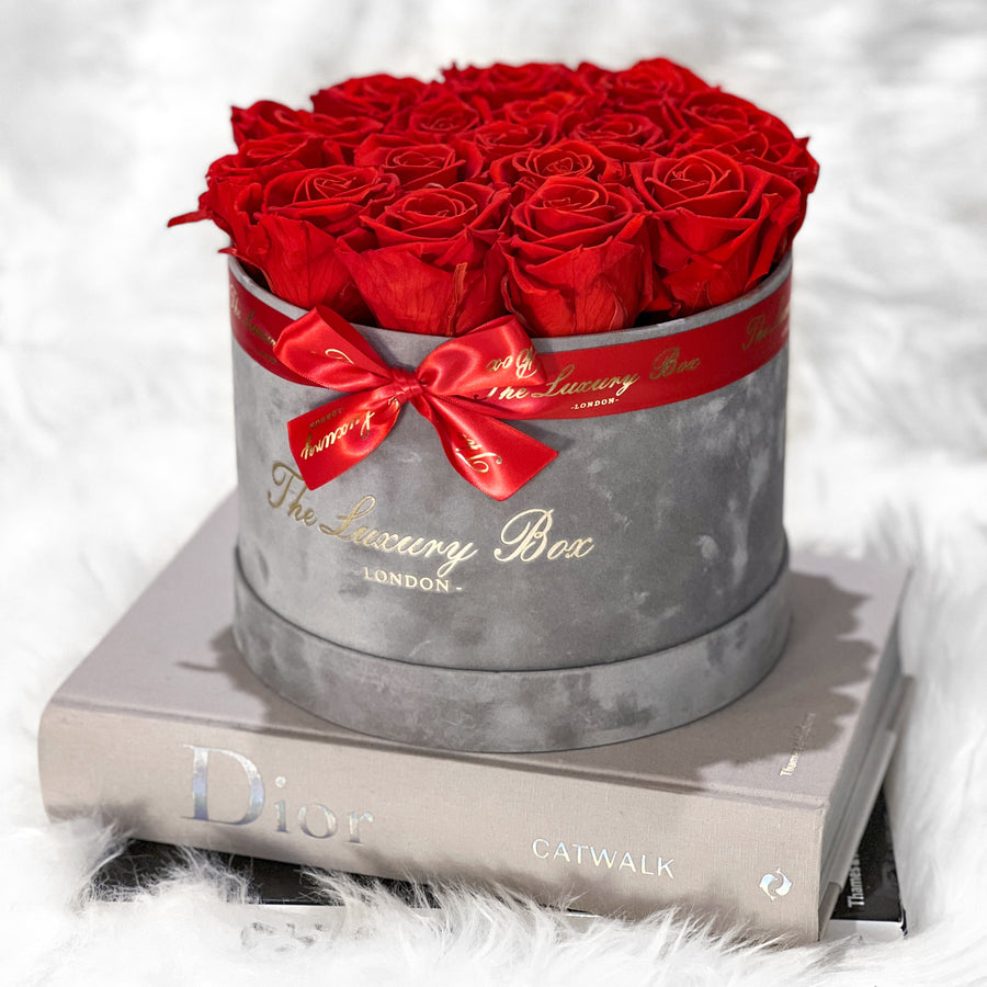 red eternity roses in grey box gift for her