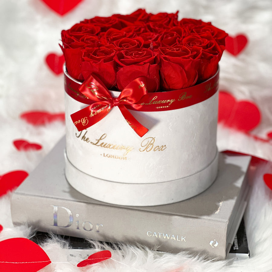 red eternity roses in velvet white box valentine's day gift