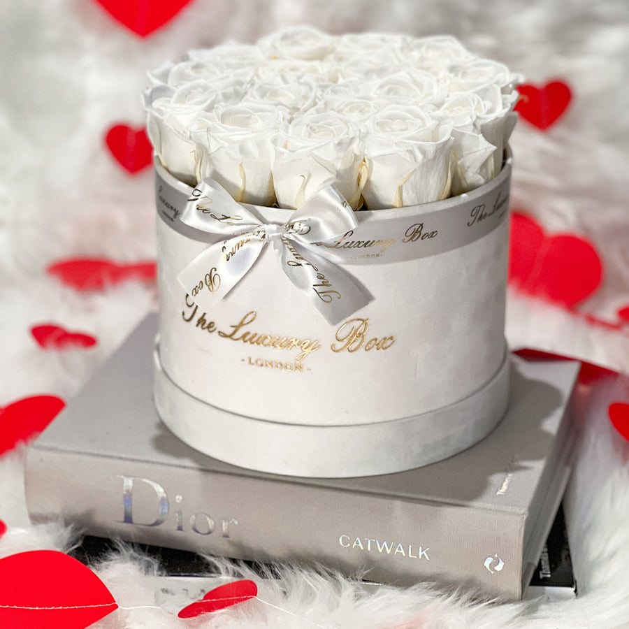white eternity roses in white box valentine's day gift