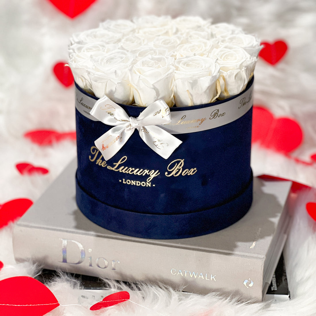 white eternity roses in navy blue box valentine's day gift