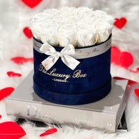 white eternity roses in navy blue box valentine's day gift
