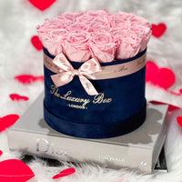 pink eternity roses in navy blue velvet box valentine's day gift
