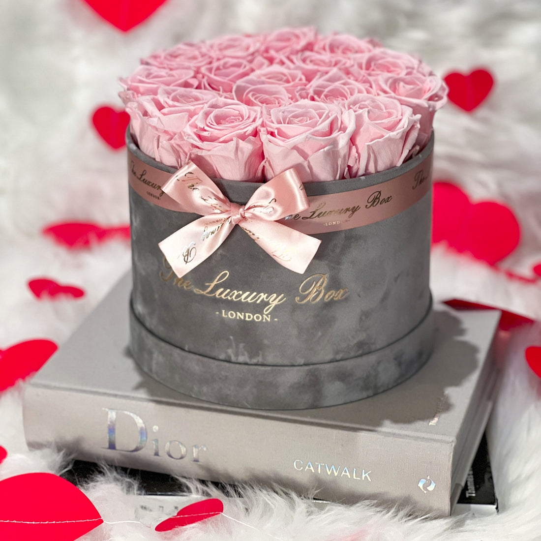 pink eternity roses in grey velvet box valentine's day gift